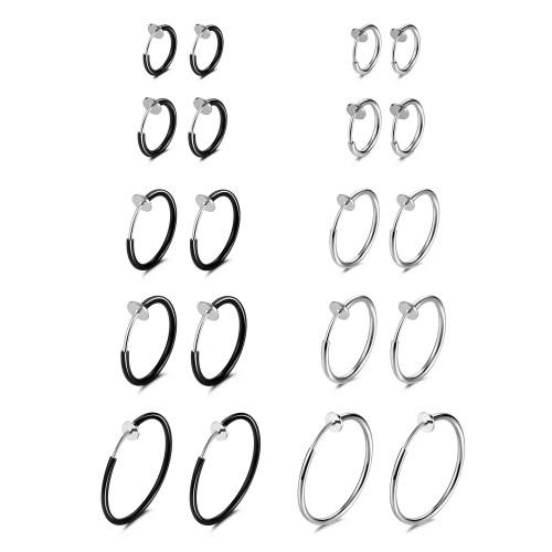 Evevil 10 Pairs Clip On Earrings Fake Earrings Hypoallergenic Non-Piercing Clip On Hoops Earrings, Steel Plated & Black Plated Color
