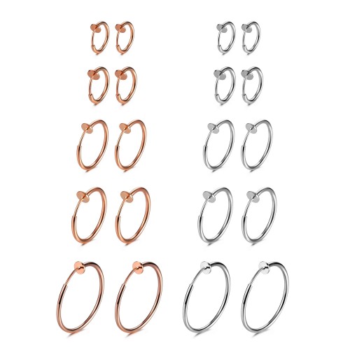Evevil 10 Pairs Clip On Earrings Fake Earrings Hypoallergenic Non-Piercing Clip On Hoops Earrings, Steel Plated & Rose Gold Plated Color