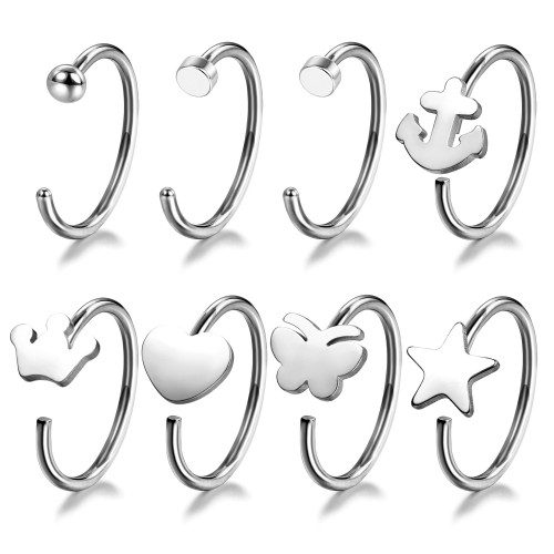 Evevil 20G Stainless Steel Mixed Nose Ring Hoops 8 PCS Nose Piercing Body Jewelry Cartilage Earrings Set, Steel Color