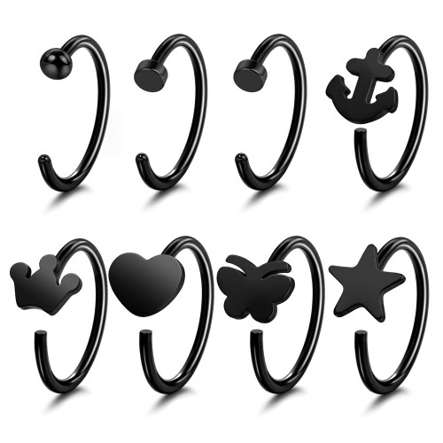 Evevil 20G Stainless Steel Mixed Nose Ring Hoops 8 PCS Nose Piercing Body Jewelry Cartilage Earrings Set, Black Color