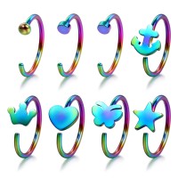 Evevil 20G Stainless Steel Mixed Nose Ring Hoops 8 PCS Nose Piercing Body Jewelry Cartilage Earrings Set, Rainbow Color