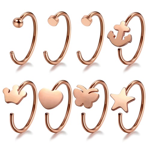 Evevil 20G Stainless Steel Mixed Nose Ring Hoops 8 PCS Nose Piercing Body Jewelry Cartilage Earrings Set, Rose Gold Color