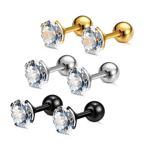 Charisma 5mm Stainless Steel Cartilage Stud Earrings For Women Screw Back Earrings Cubic Zirconia Helix Tragus Barbell Mixed Color 3 Pair Set	