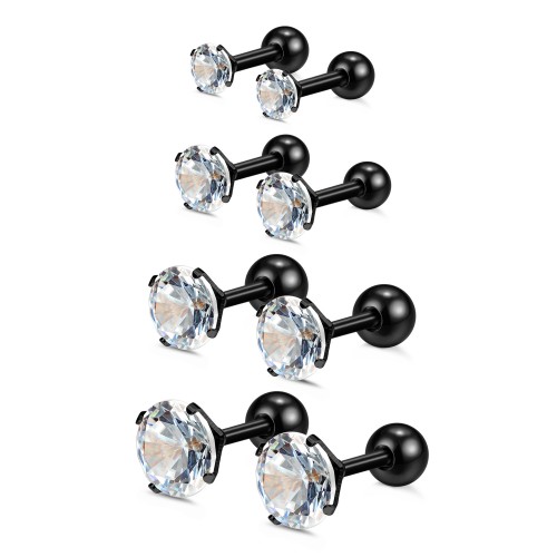 Charisma Black 3-4-5-6mm Cartilage Stud Earrings For Women Screw Back Earrings Cubic Zirconia Helix Tragus Barbell 4 Pair Set