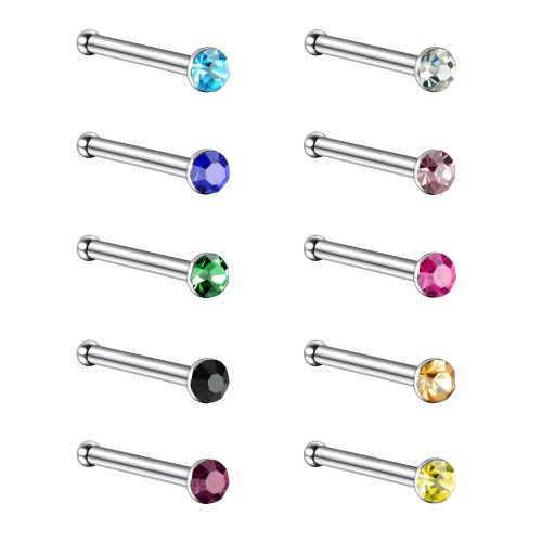 Charisma 10pcs 20G 1.8mm Straight Colored Nose Rings Studs Stainless Steel Nose Studs Bone Crystals Hypoallergenic Body Nose Piercings 