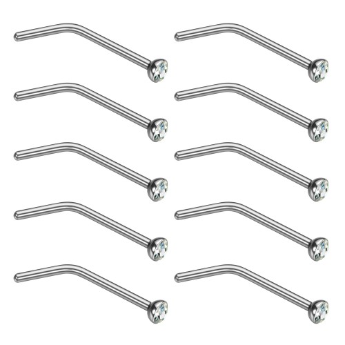 Charisma 10pcs 20G 1.8mm White Stainless Steel L Shaped Nose Rings Studs Nose Studs Bone Crystals Hypoallergenic Body Nose Piercings 
