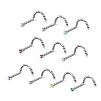 Charisma 10pcs 20G 2.0mm Colored Stainless Steel Nose Studs Bone Crystals Nose Screws Rings Curved Hypoallergenic Body Nose Piercings 