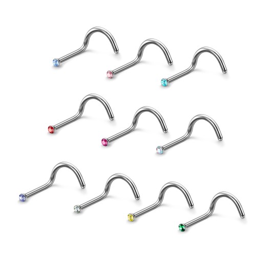 Charisma 10pcs 20G 2.0mm Colored Stainless Steel Nose Studs Bone Crystals Nose Screws Rings Curved Hypoallergenic Body Nose Piercings 