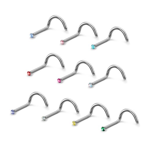 Charisma 10pcs 20G 2.0mm Colored Stainless Steel Nose Studs Bone Crystals Nose Screws Rings Curved Hypoallergenic Body Nose Piercings 