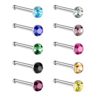 Charisma 10pcs 20G 2.5mm Straight Colored Nose Rings Studs Stainless Steel Nose Studs Bone Crystals Hypoallergenic Body Nose Piercings 