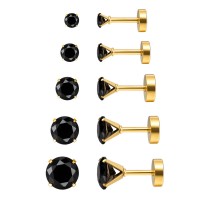 Charisma 16G 5 Pairs Gold Plated Stainless Steel Cartilage Earrings Black Cubic Zirconia Stud Screw Back Earrings For Women Piercing Helix Barbell Tragus, 3mm-7mm 