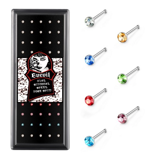 Evevil 60pcs 22G Nose Studs Rings Stainless Steel 1.5mm Colored Crystal Nose Studs Bone Hypoallergenic Piercing Jewelry Box Set